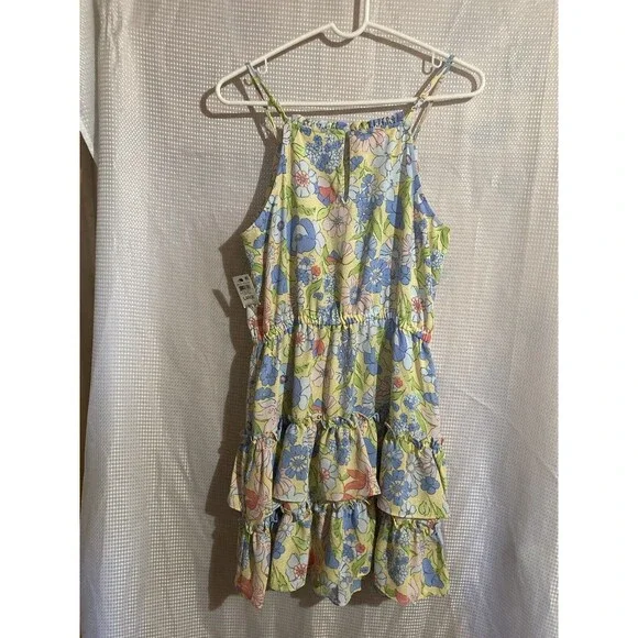 BAR III Womens Large Hello Yellow Adjustable Spaghetti Strap Dress Ruffles New - Picture 2 of 9